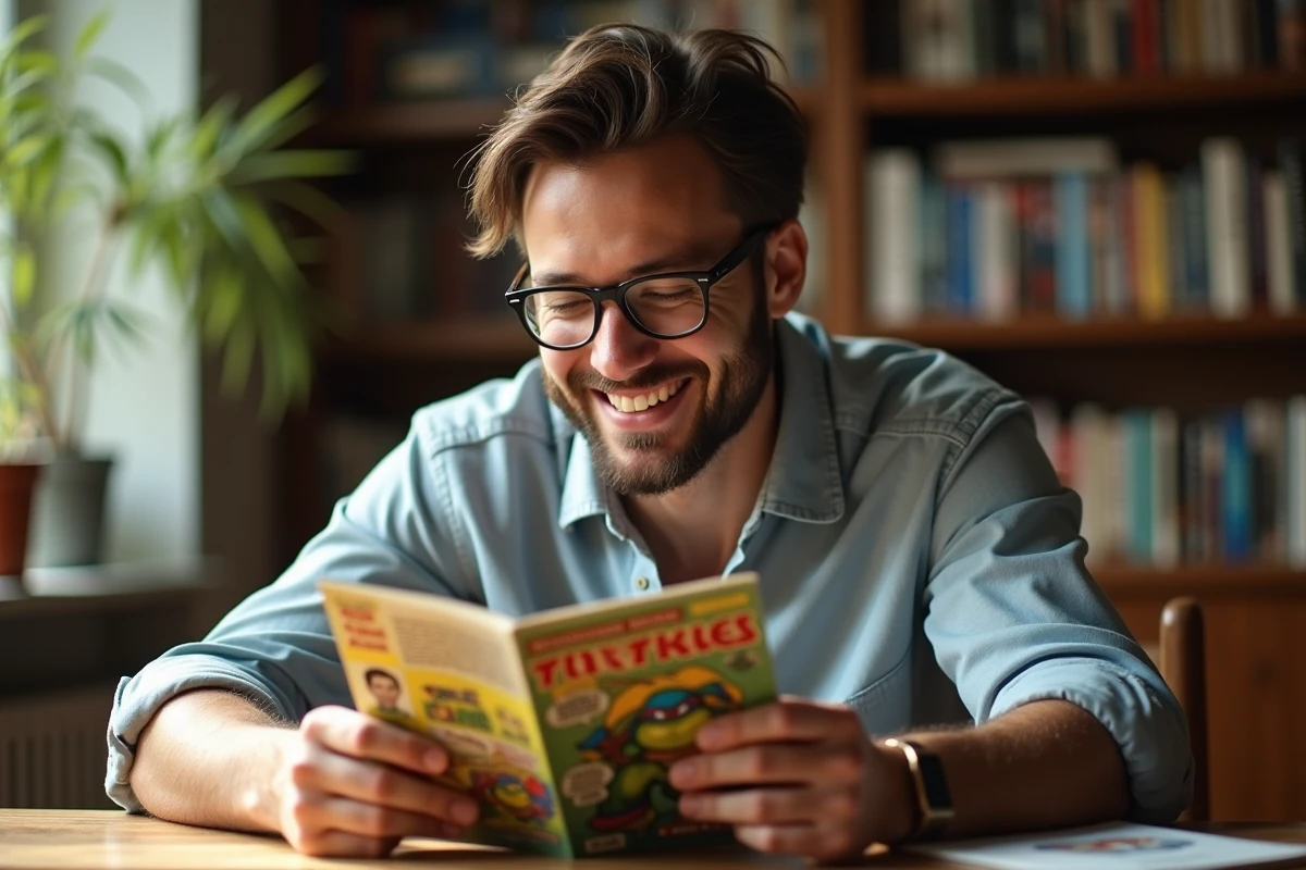 Homme adulte lisant une bande dessin&eacute;e Teenage Mutant Ninja Turtles