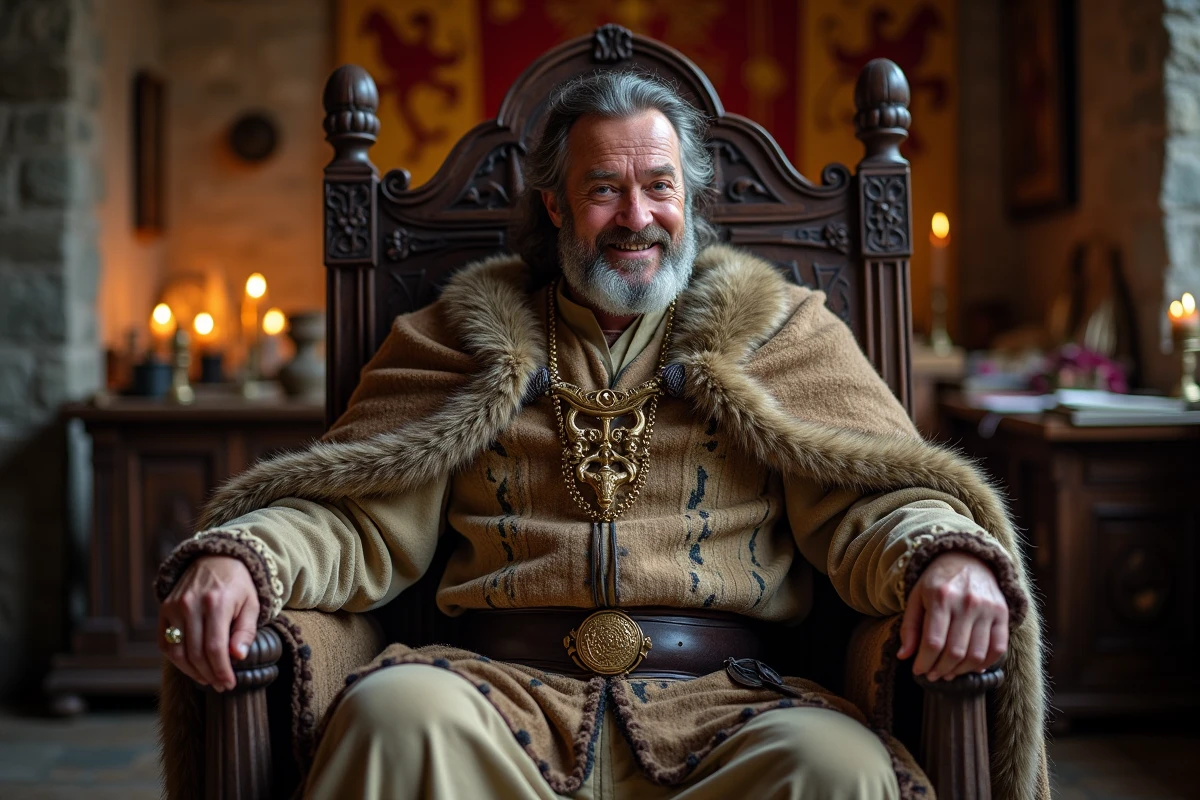 Reconstituteur en roi m&eacute;di&eacute;val assis dans une salle