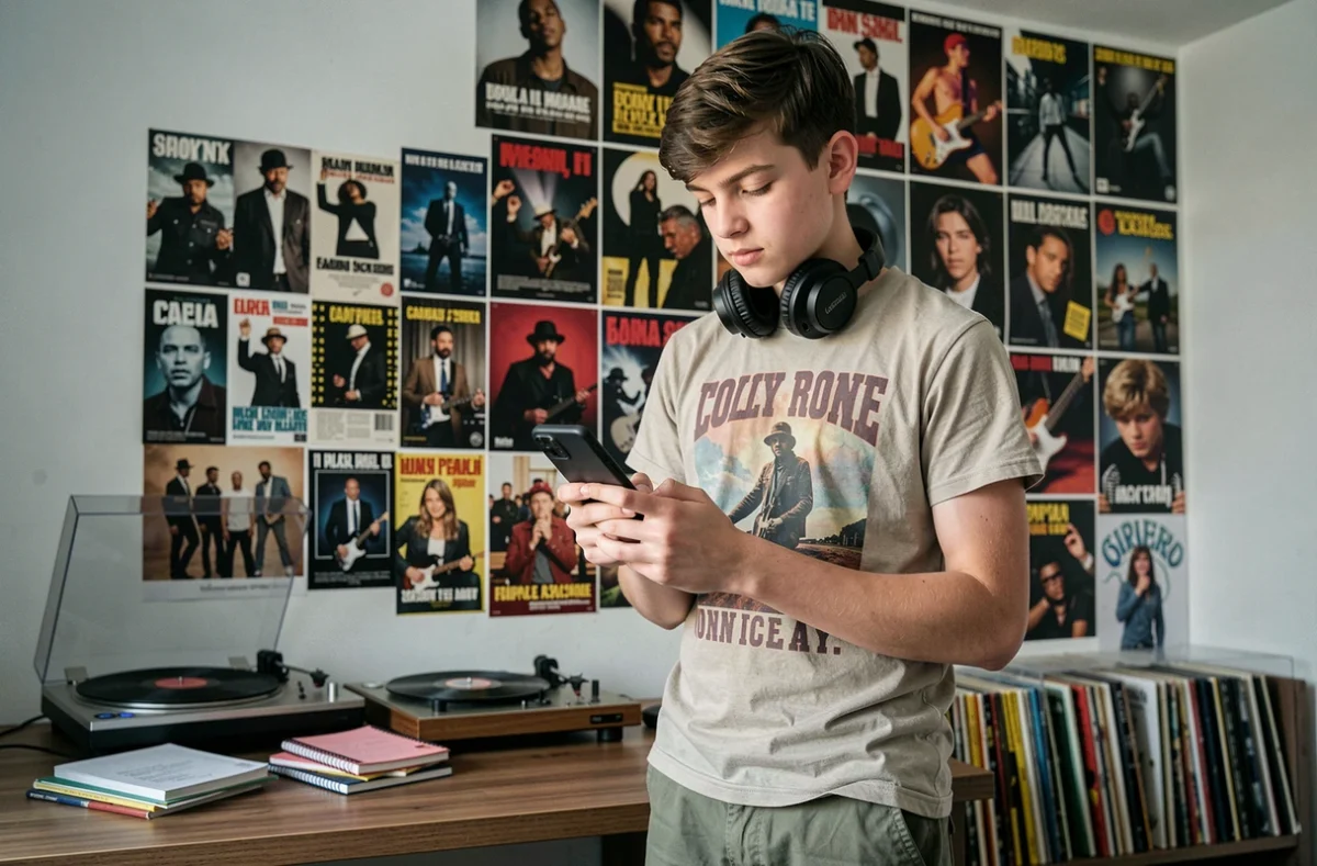 Adolescent avec casque audio devant un mur de posters musicaux dans sa chambre, évoquant la frontière entre banger viral et classique culte