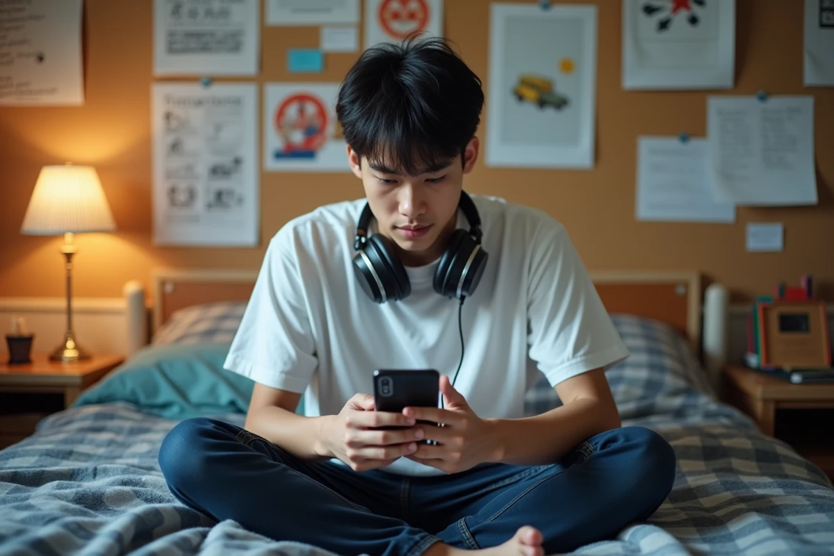 Adolescent consultant un site de scan manga sur smartphone assis sur son lit dans une chambre d'étudiant