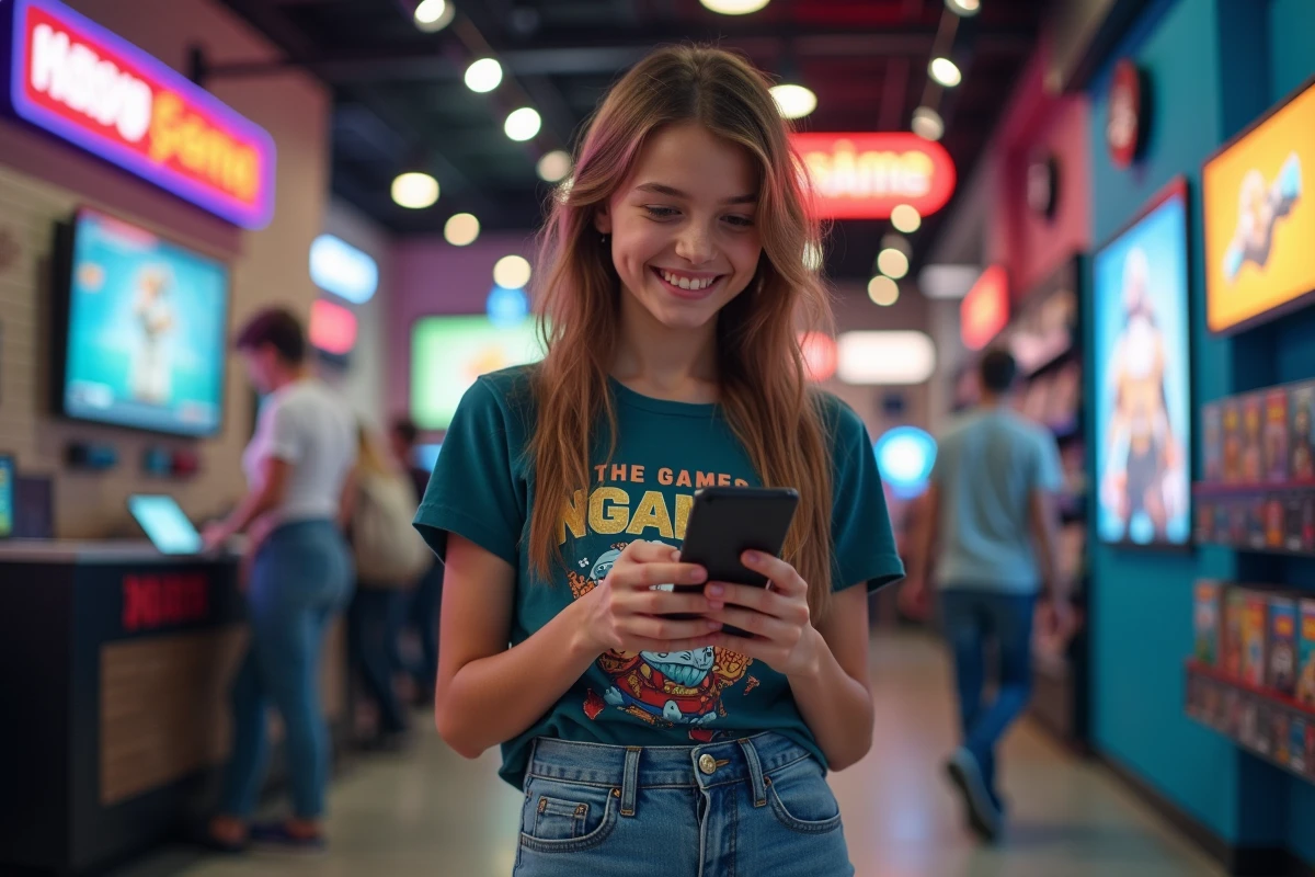 Adolescente souriante découvrant des offres dans un magasin de jeux