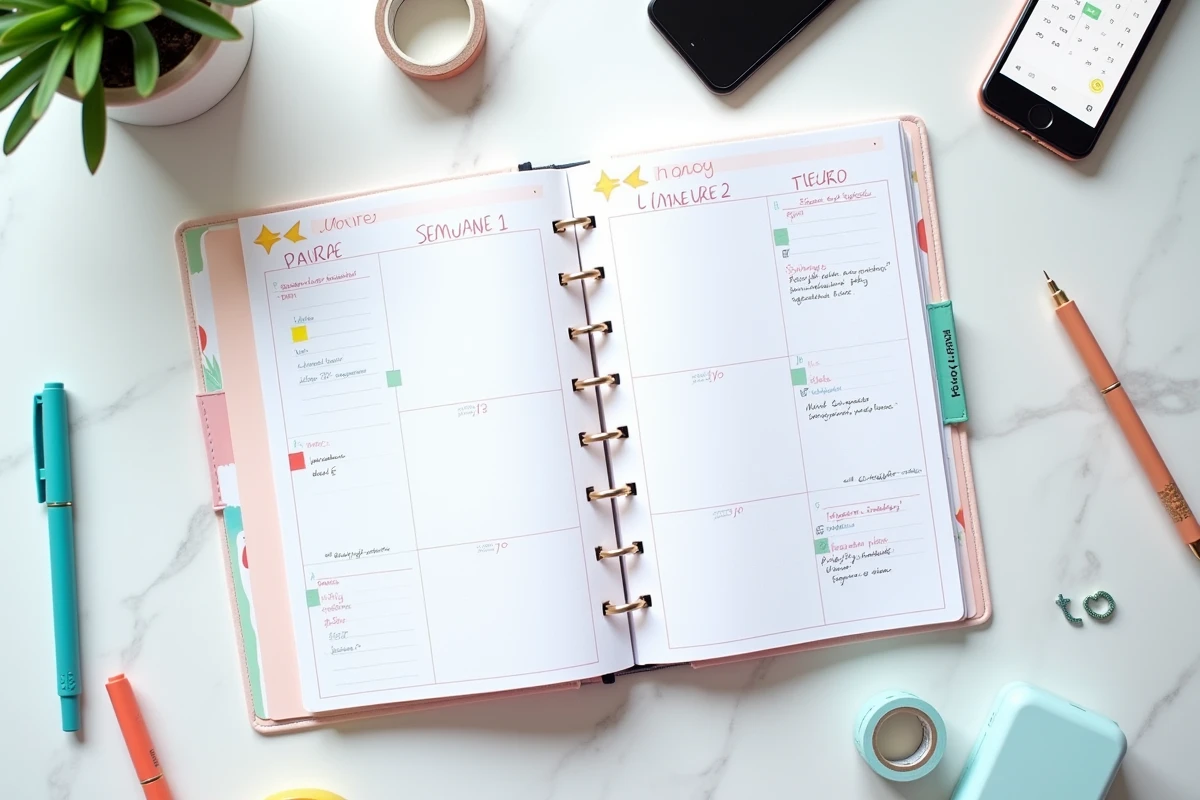 Vue aérienne d'un agenda familial ouvert avec semaines paires et impaires annotées en couleur sur bureau marbre