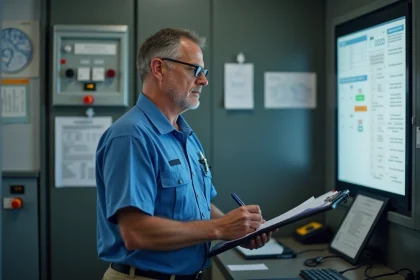 Agent de station en uniforme v&eacute;rifiant une liste de contr&ocirc;le