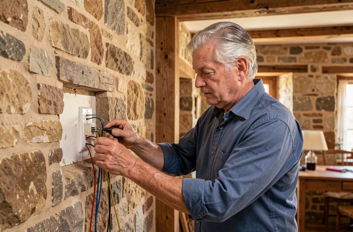 Alain Marand effectuant un câblage électrique dans une maison en pierre de Charente-Maritime