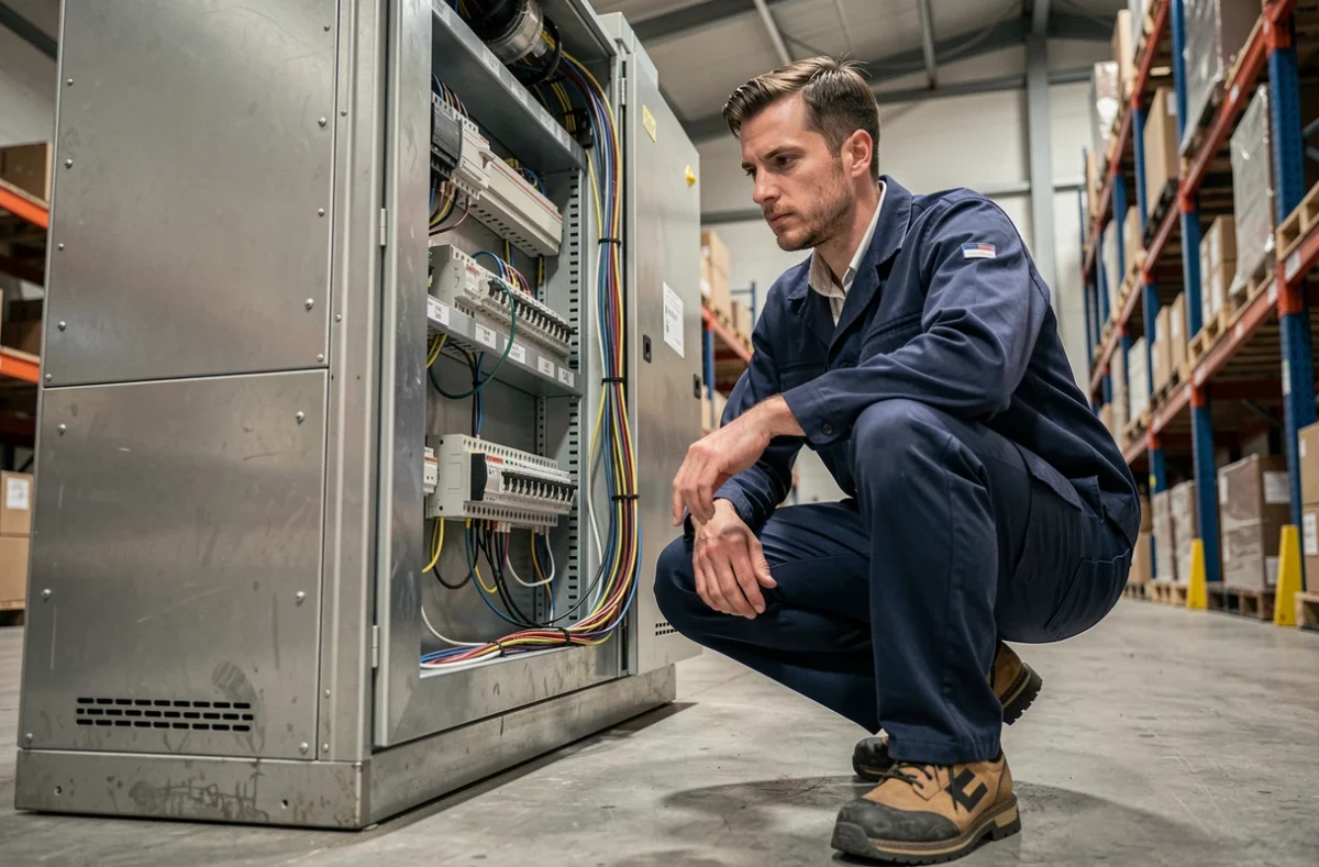 Technicien d'Aldetec travaillant sur une armoire électrique industrielle