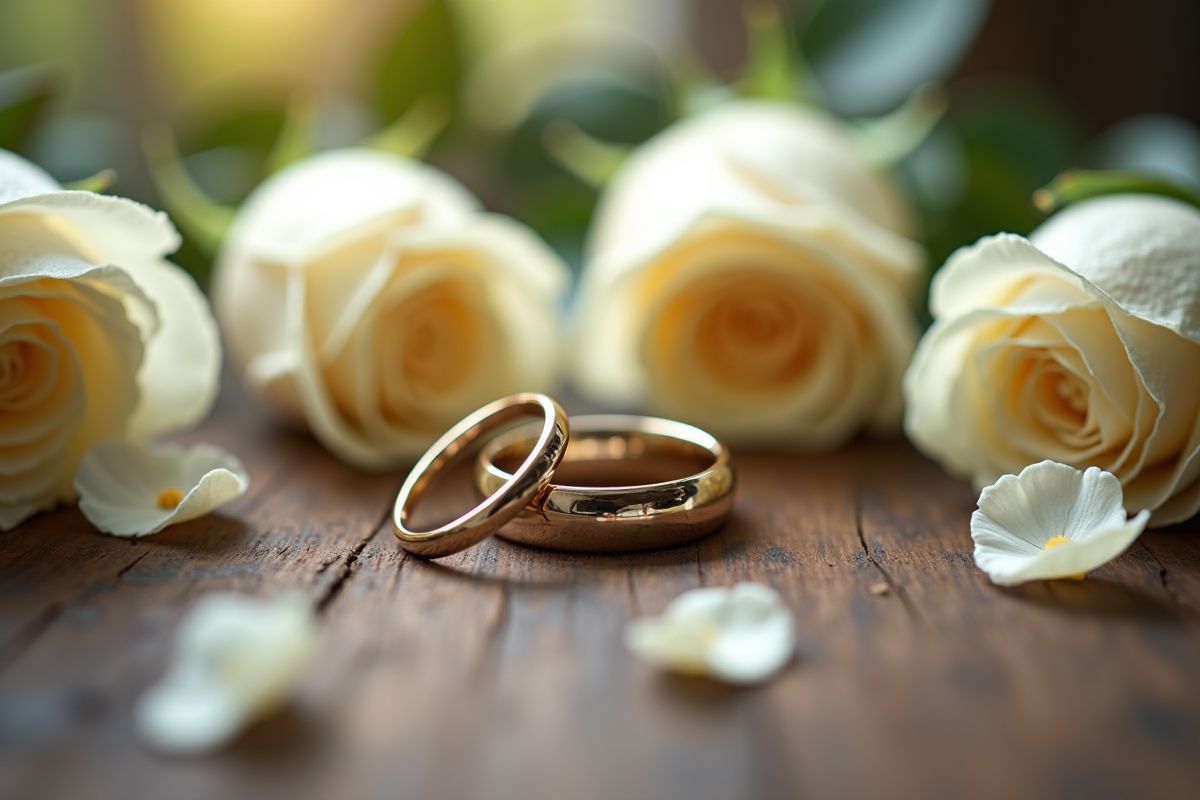 Deux alliances sur une table en bois entourées de roses blanches