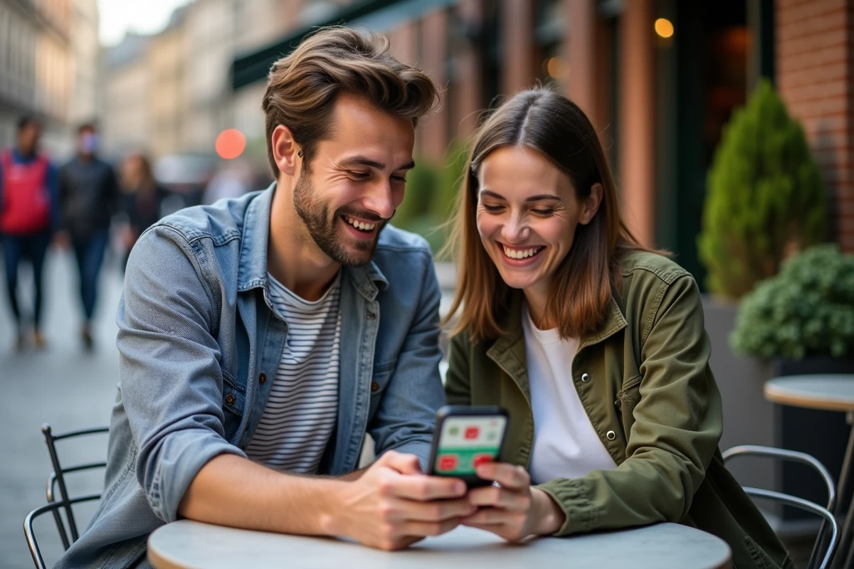 Deux amis riant ensemble en découvrant les dés gratuits de Monopoly GO sur smartphone en terrasse de café