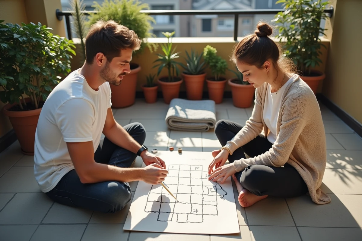 Deux amis créent une grille de bataille navale sur un balcon ensoleille