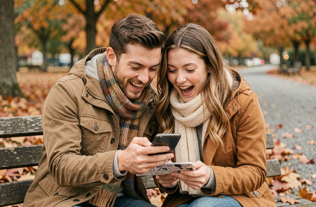Deux amis qui lisent des scans de manga sur smartphone dans un parc en automne en évitant les spoilers