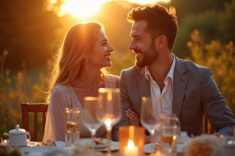Couple heureux célébrant leur anniversaire de mariage lors d'un dîner élégant