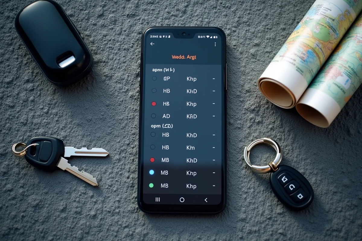 Tableau de conversion miles par heure en km/h affiché sur un smartphone posé sur de l'asphalte avec une clé de voiture