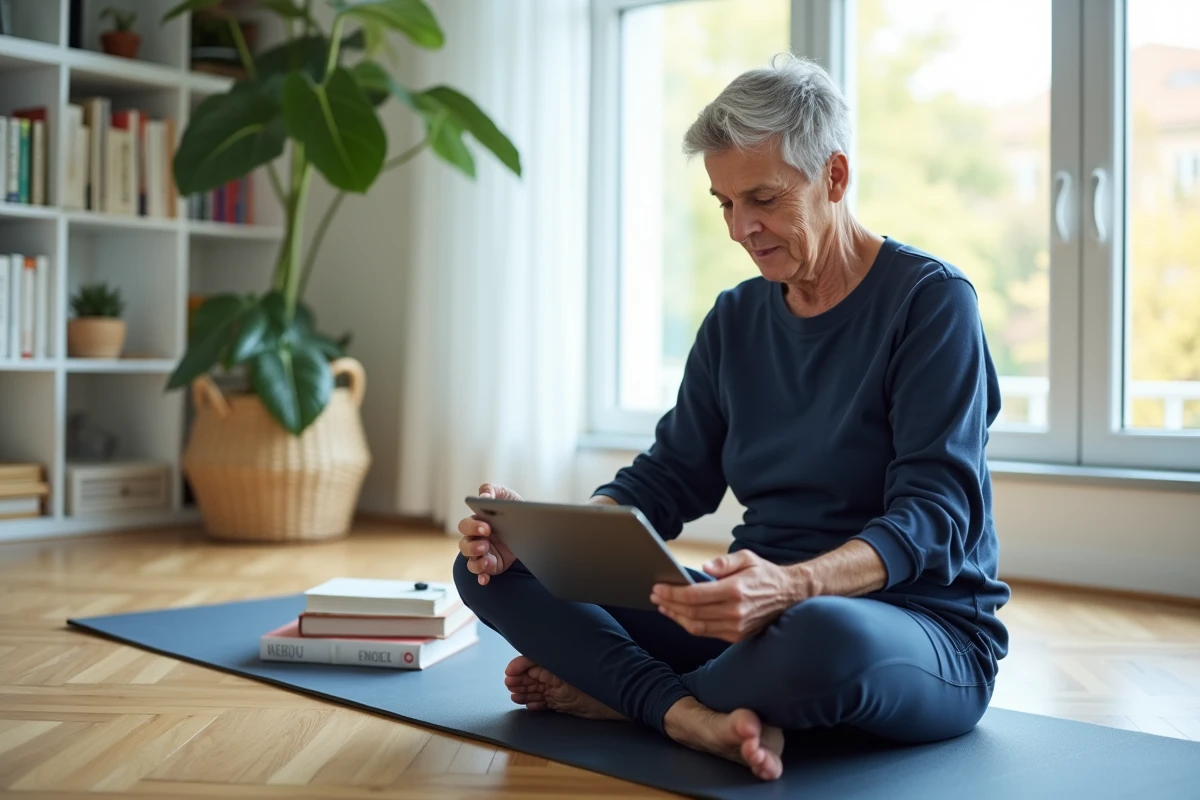 Personne adulte suivant un tutoriel sur tablette pour apprendre une nouvelle compétence en autodidacte depuis son salon