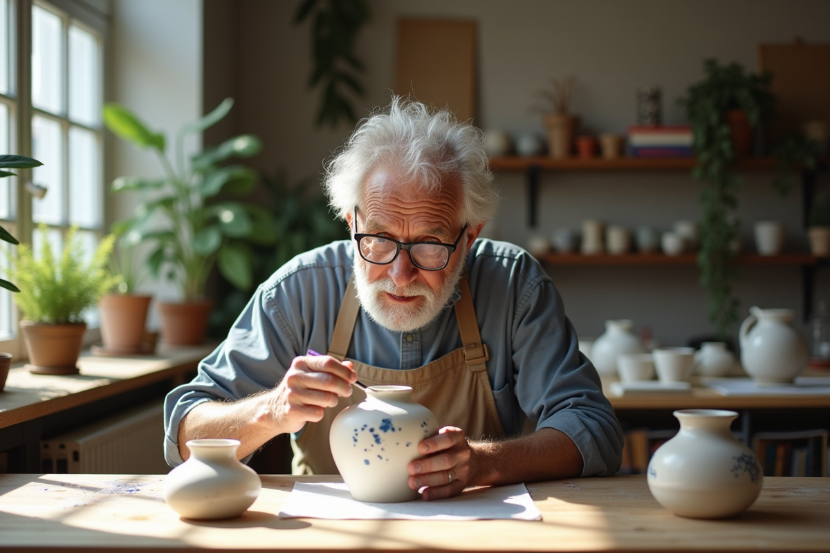 Homme âgé peignant un vase en céramique dans un atelier