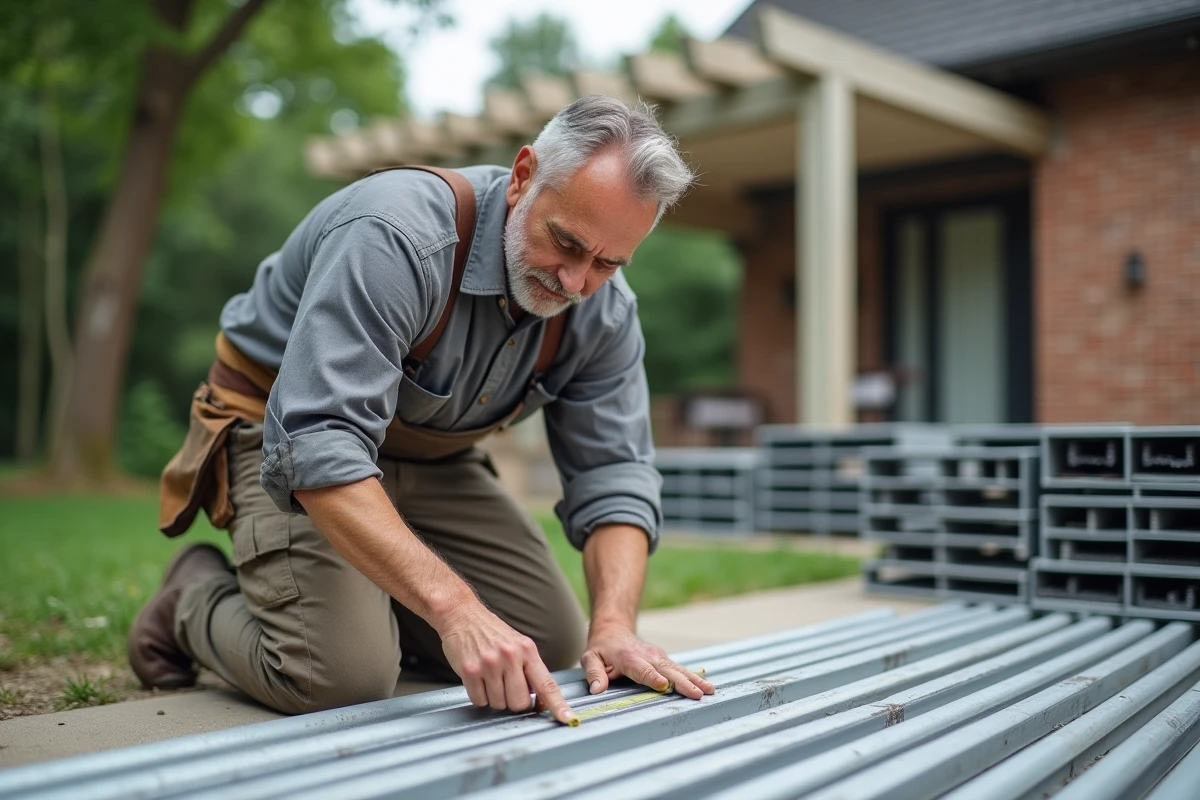 Artisan mesurant des tubes rectangulaires en aluminium sur une terrasse en béton pour la construction d'une pergola extérieure