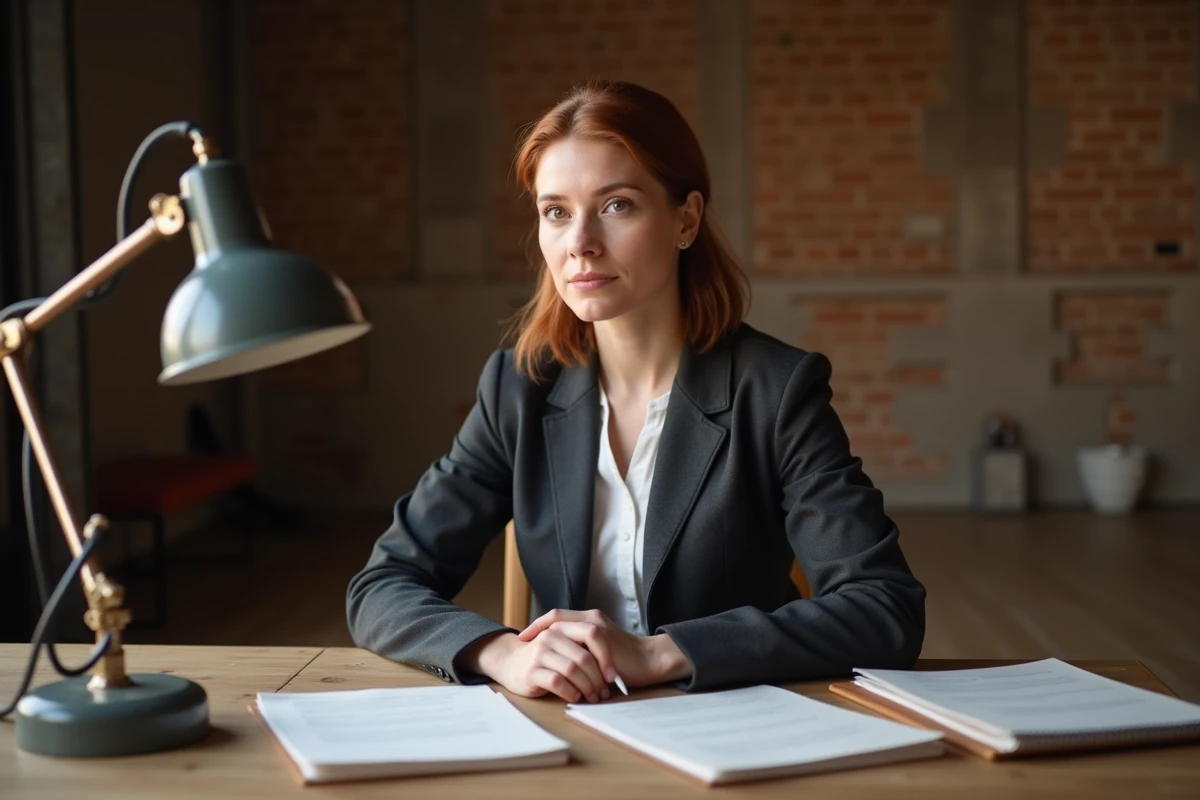 Une femme artiste concentrée à son bureau dans un studio de répétition, évoquant les débuts et la carrière artistique de Juliette Plumecocq-Mech