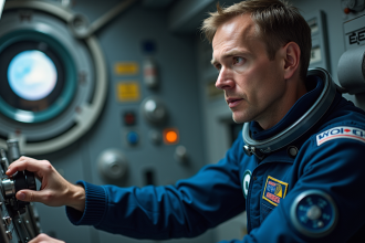 Astronaute en station spatiale opérant équipements scientifiques
