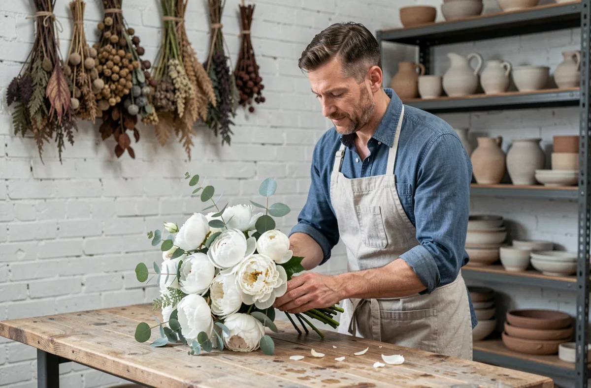 Christophe, fleuriste artisan, composant un bouquet de pivoines blanches dans son atelier élégant