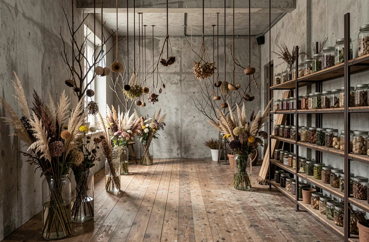 Atelier du Glaneur avec des compositions florales sauvages séchées et des éléments botaniques glanés suspendus au plafond