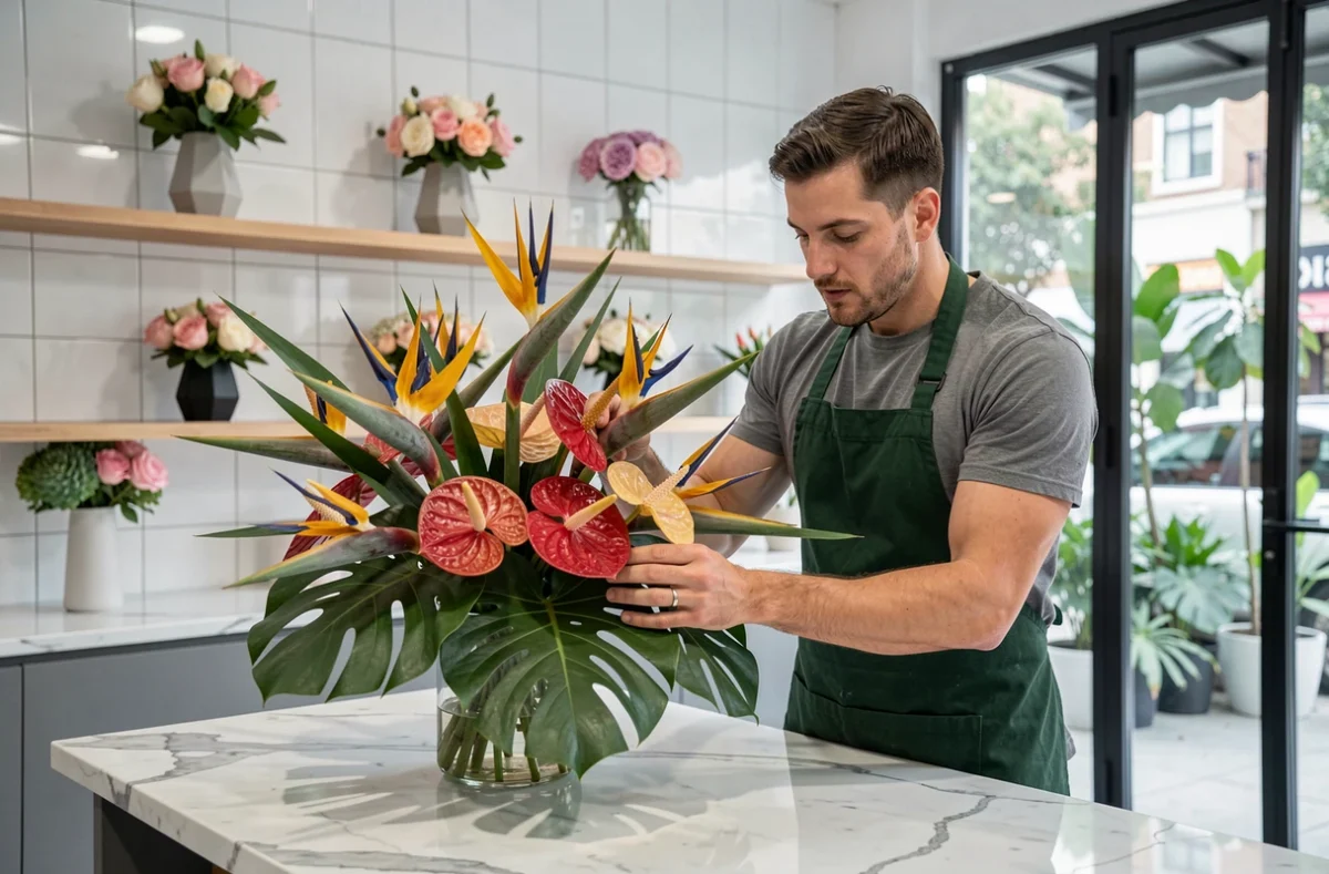 Olivier fleuriste arrangeant un bouquet tropical avec des oiseaux du paradis et des feuilles de monstera dans son atelier moderne