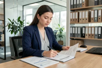 Jeune attachée territoriale en début de carrière consultant des documents administratifs dans un bureau municipal moderne
