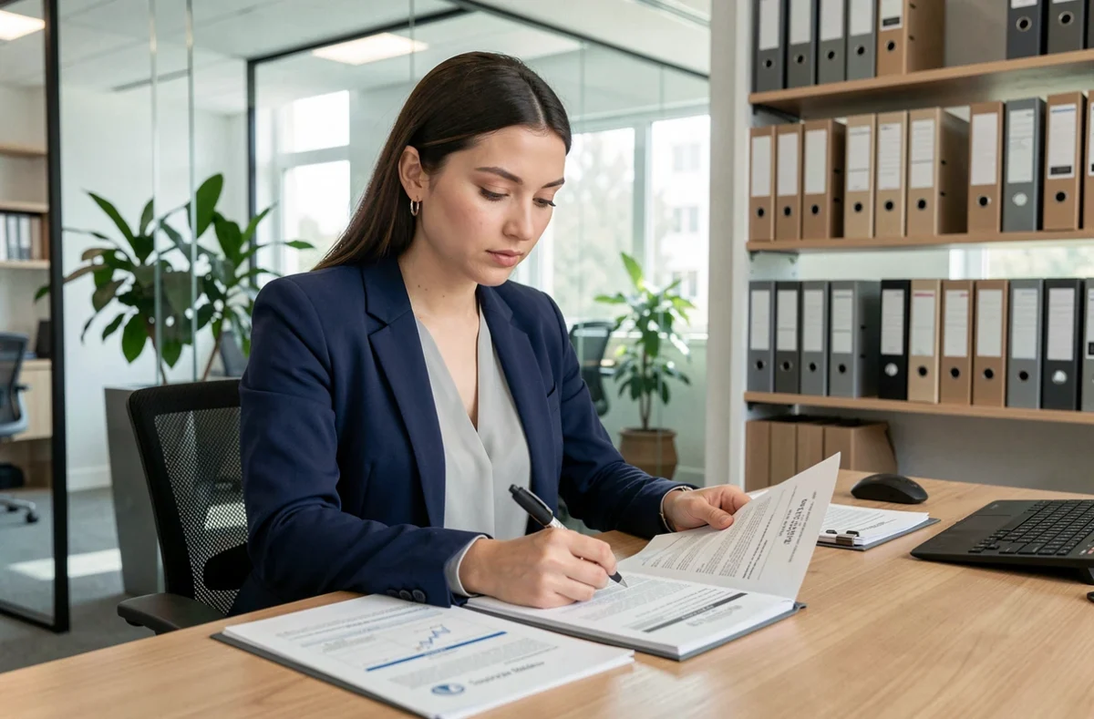 Jeune attachée territoriale en début de carrière consultant des documents administratifs dans un bureau municipal moderne