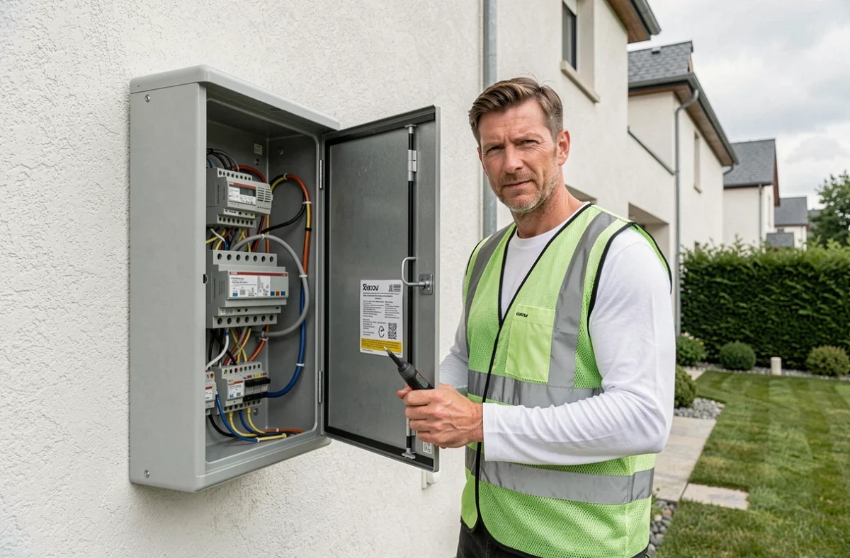 Électricien d'Aunis Elec intervenant sur un compteur électrique extérieur en Charente-Maritime