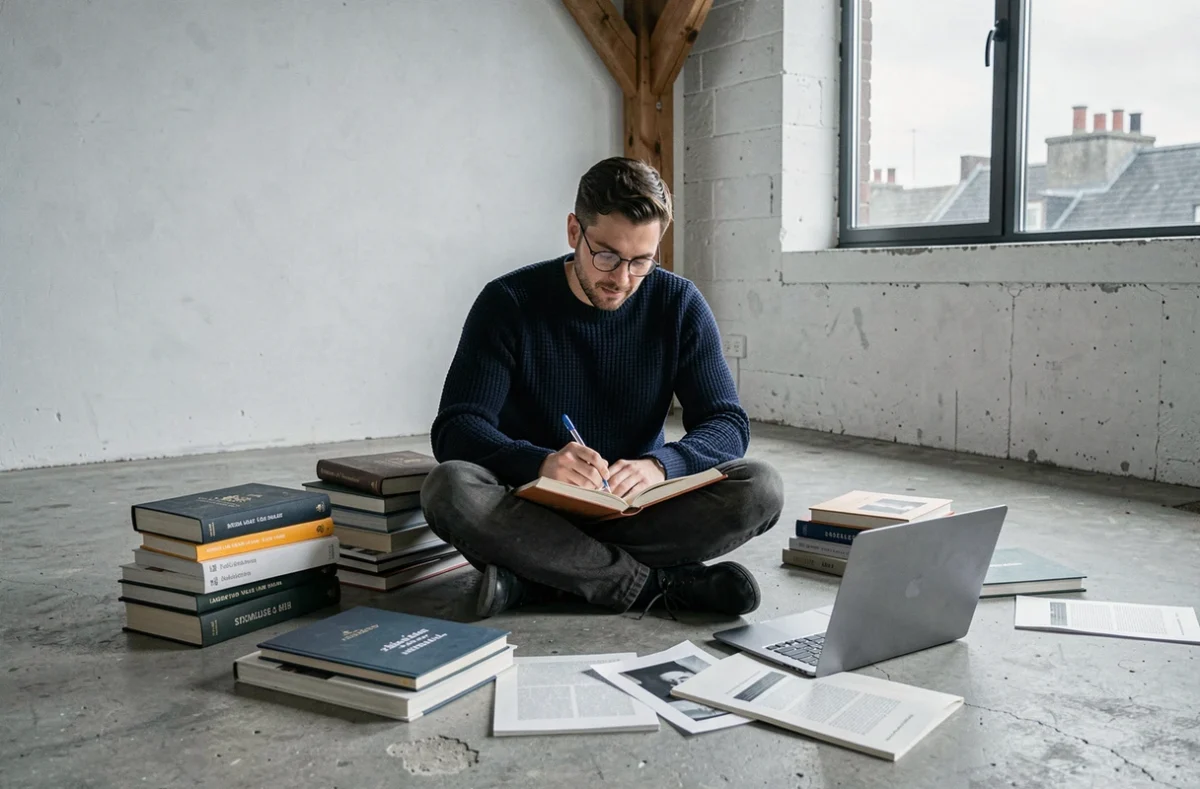 Auteur contemporain travaillant sur son manuscrit entouré de livres dans un studio créatif urbain épuré