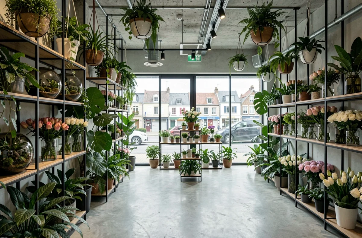 Intérieur verdoyant de Botania avec des installations de plantes vivantes, des terrariums suspendus et des fleurs coupées sur des étagères en fer noir