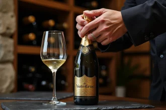 Sommelier tenant une bouteille de champagne en édition limitée dans une cave viticole en pierre avec des étagères en bois