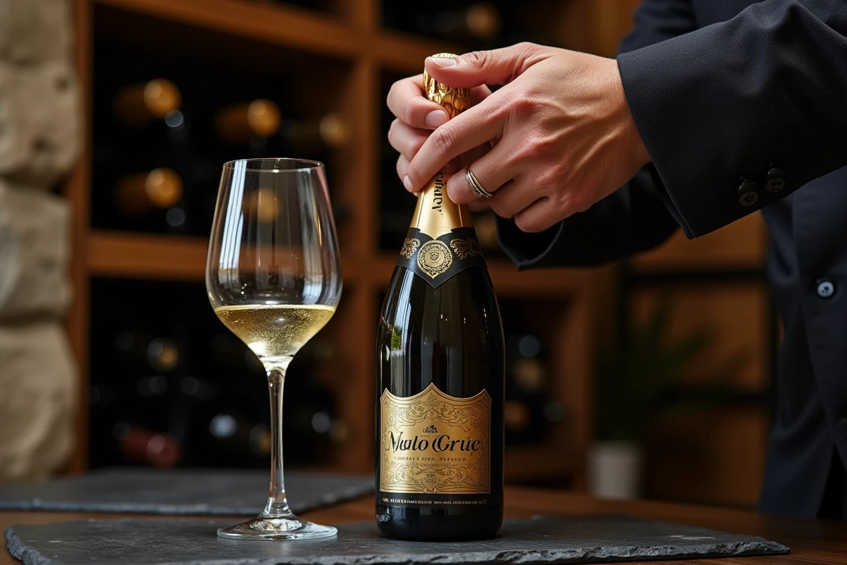 Sommelier tenant une bouteille de champagne en édition limitée dans une cave viticole en pierre avec des étagères en bois