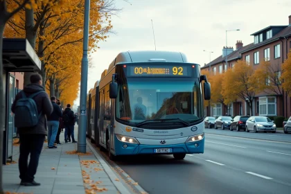 Bus 92 articulé s'arrêtant à un arrêt de bus en banlieue avec des passagers qui attendent sur le trottoir