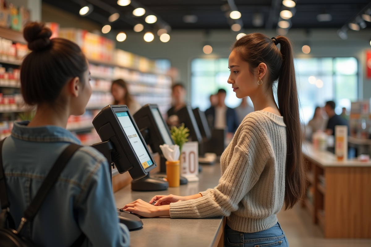 Jeune femme caissiere utilisant un selfcheckout dans un magasin