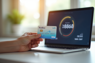 Main tenant une carte cadeau Kadeos Infini devant un ordinateur