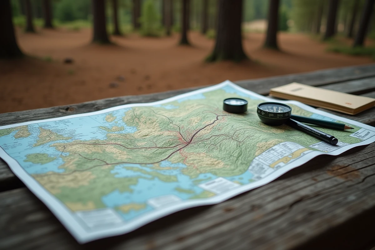 Carte IGN topographique imprimée depuis Geoportail étalée sur une table en bois avec boussole et carnet de randonnée