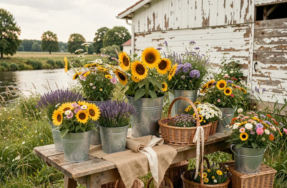 Étal champêtre de fleurs sauvages et de tournesols au bord de la Seine à la Ferme Florale des Bords de Seine
