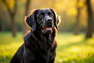 Chien golden retriever noir assis dans un parc ensoleille