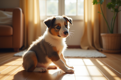 Chiot Australian Shepherd assis sur un sol en bois en intérieur
