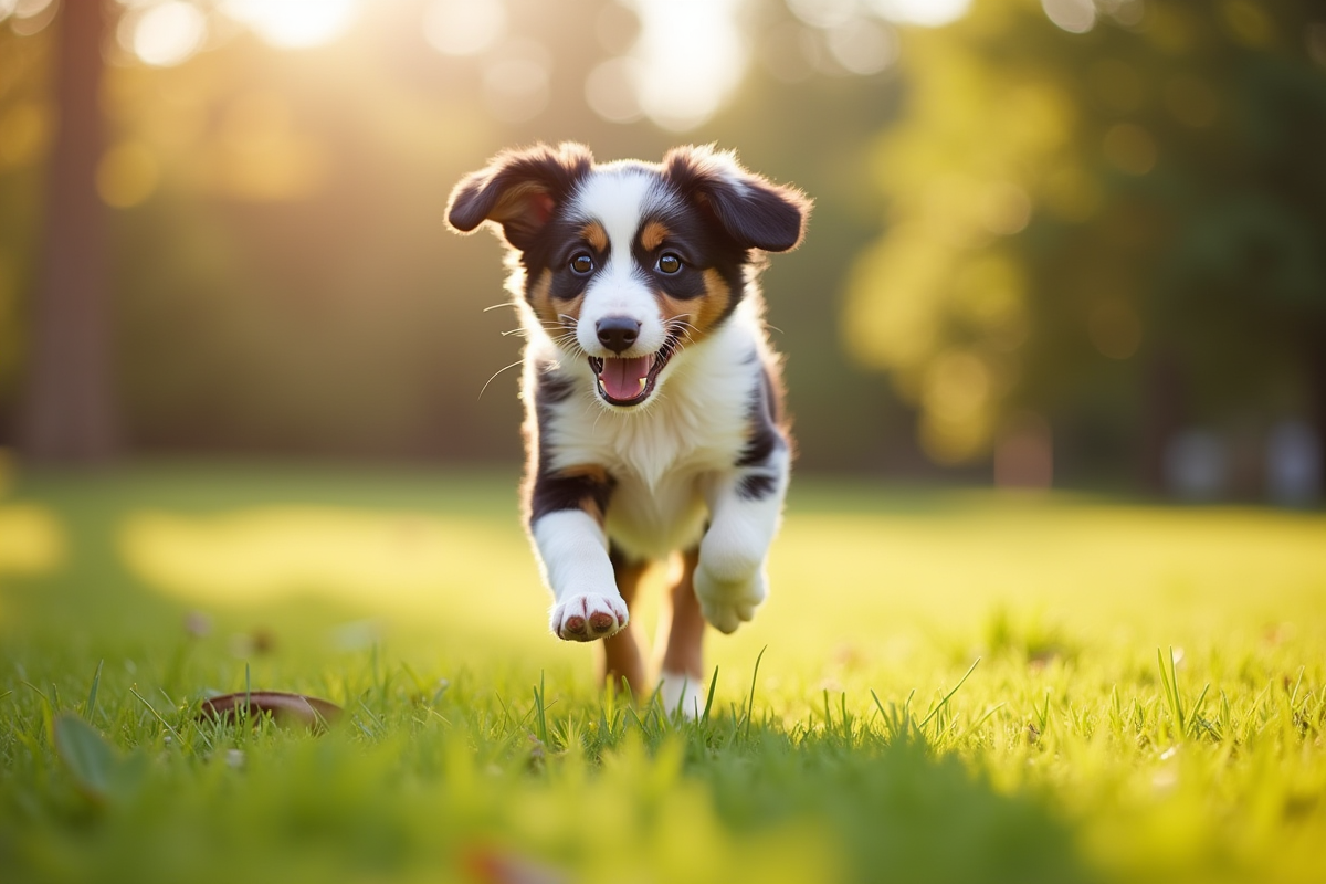 Chiot Australian Shepherd courant dans un jardin en plein air