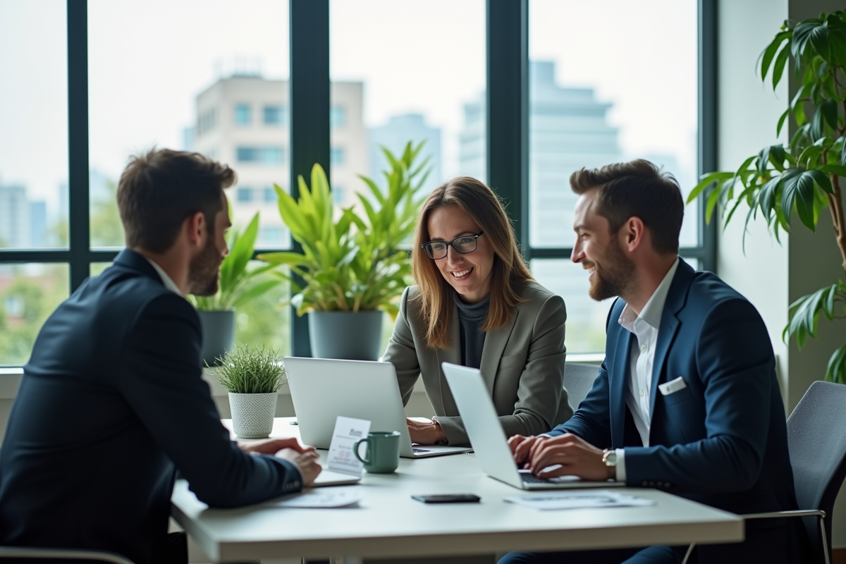 Trois collègues collaborant dans un bureau moderne avec vue urbaine