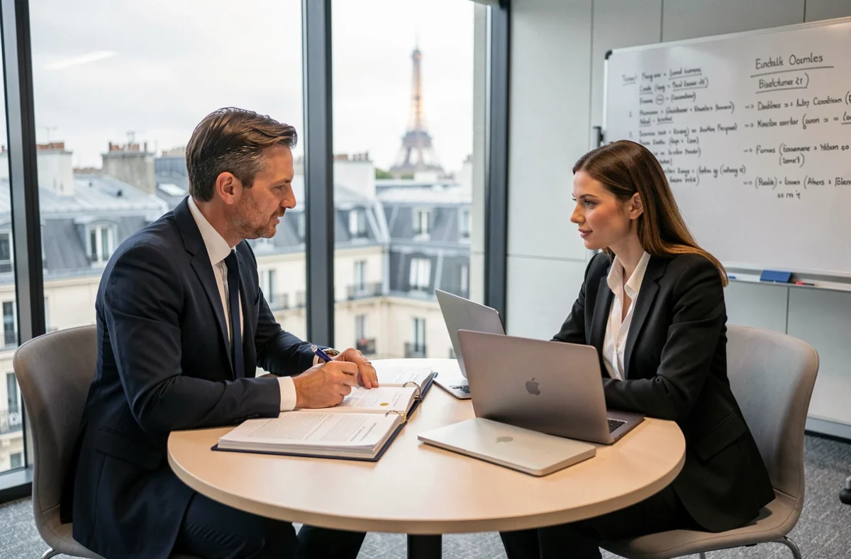 Deux professionnels du droit collaborant lors d'un atelier du congrès juridique international à Paris