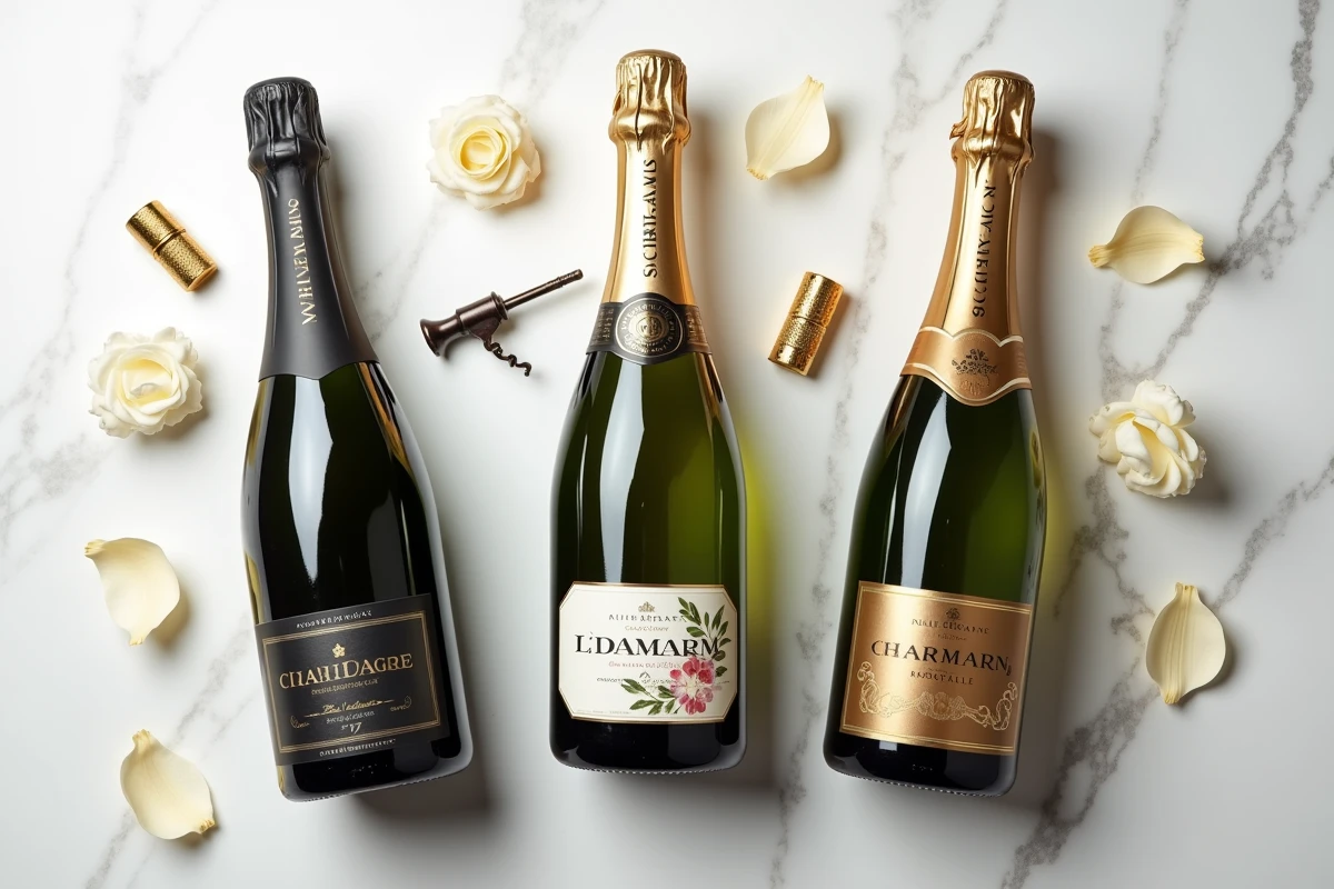 Trois bouteilles de champagne en édition limitée de maisons prestigieuses en flat-lay sur marbre blanc avec détails de capsules artisanales