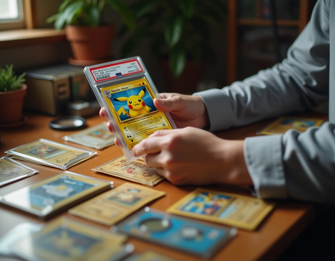 Collectionneur tenant une carte Pikachu ex PSA 10 au-dessus d'un bureau en bois avec d'autres cartes gradées et une loupe