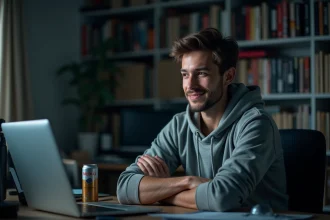 Jeune homme au comportement goujat sur les réseaux sociaux, assis devant son ordinateur portable avec une attitude dédaigneuse