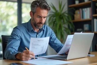 Homme comptable examinant une facture dans un bureau moderne