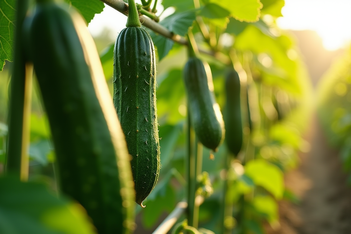 Concombres mûrs poussant sur un treillis en plein soleil