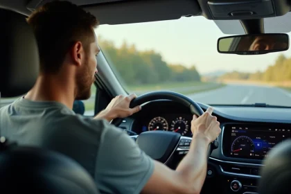 Conducteur regardant un tableau de bord avec compteur de vitesse en miles par heure et kilomètres par heure dans une voiture moderne
