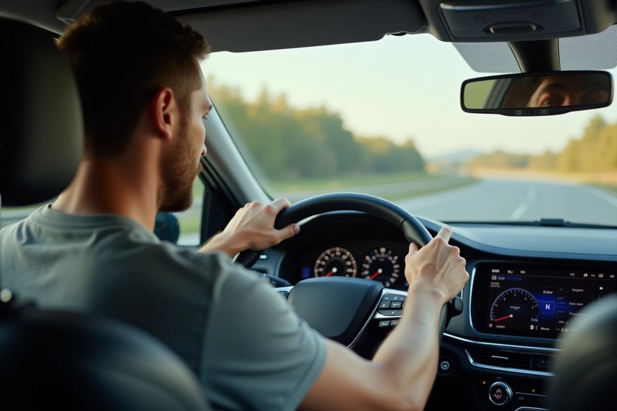 Conducteur regardant un tableau de bord avec compteur de vitesse en miles par heure et kilomètres par heure dans une voiture moderne
