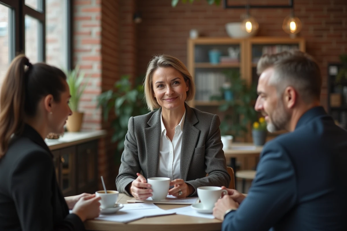 Femme courtiere en assurance discutant au cafe avec clients