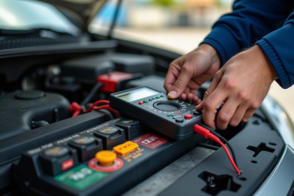 Mains d'un mécanicien vérifiant une batterie de voiture avec un multimètre