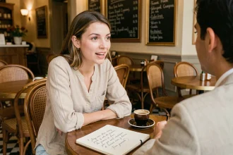 Jeune femme dans un café parisien conversant en français avec un carnet de phrases ouvert sur la table